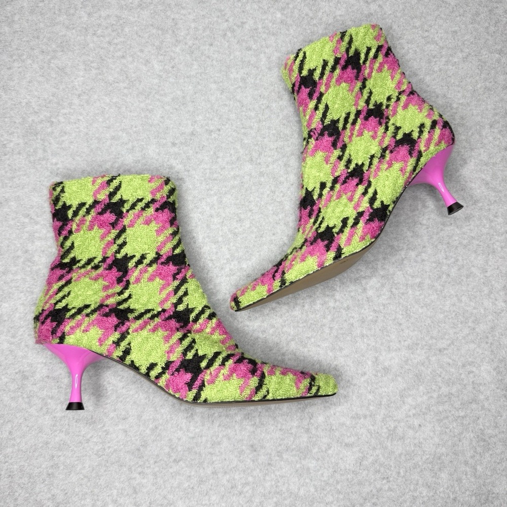 Betsey Johnson Parkker Ankle Boots Houndstooth Green Pink Twee Womens 7.5